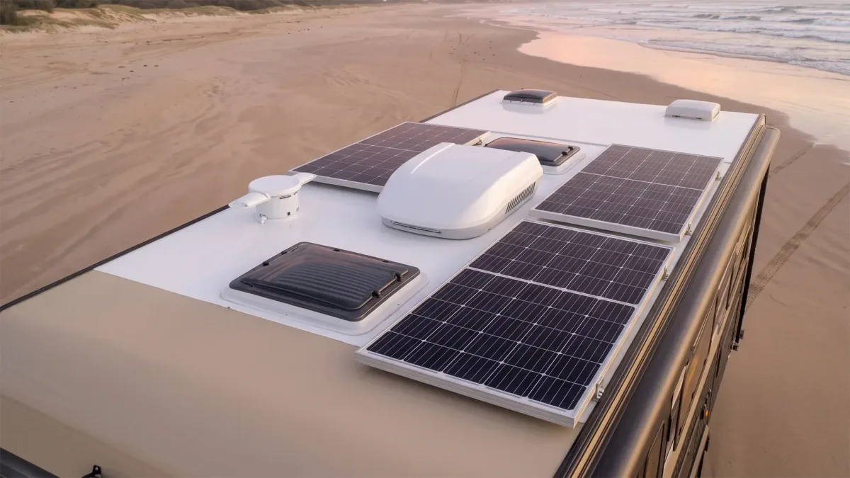 A New Age full off-road caravan travelling through remote Australia