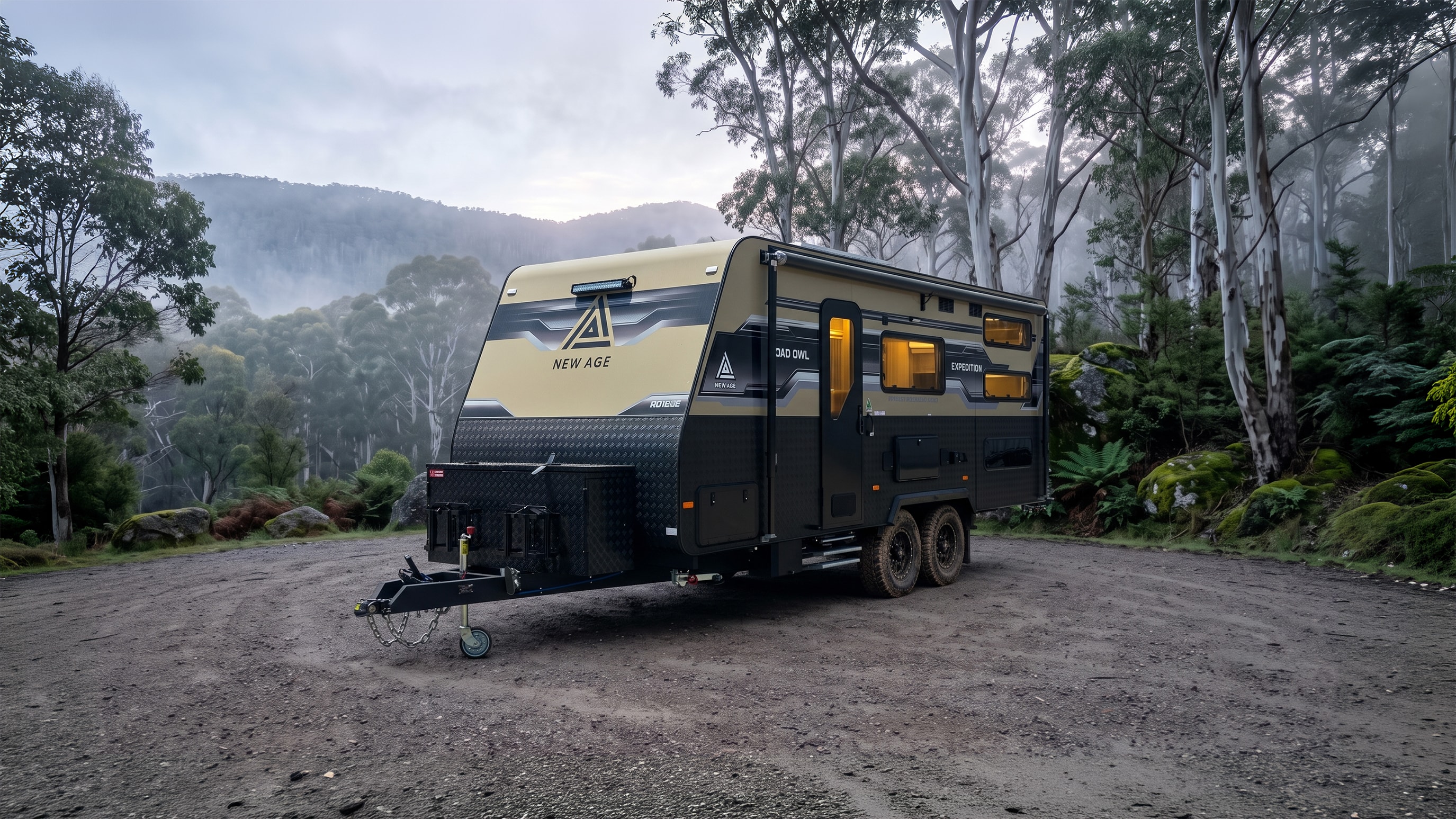 A New Age full off-road caravan travelling through remote Australia